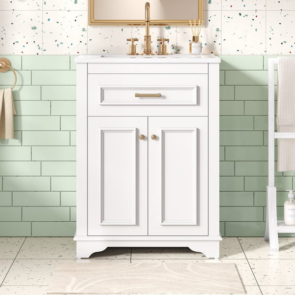 English Elm 24" Matte Single Sink Vanity Solid Poplar Frame Gold Hardware Soft Close Cabinet White N710P389449K