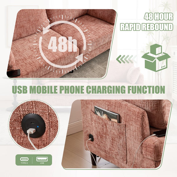 English Elm Modern chenille 2-seater sofa with LED, USB charging, storage pocket, solid wood legs, durable comfort Pink W395P318541