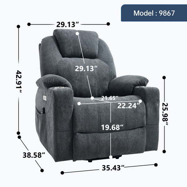 English Elm Up to 350 Lbs Chenille Power Lift Recliner with Massage Heating and Usb Charging Ports Grey W3224S00025