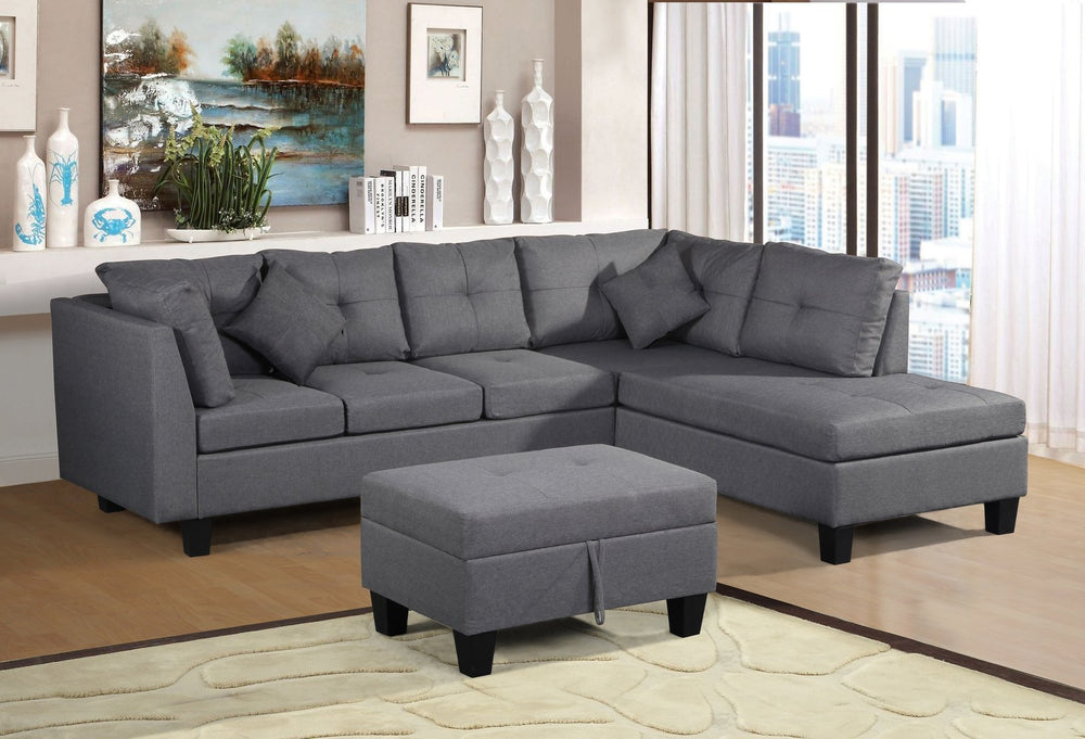 English Elm Sectional Modern Linen Fabric Sofa Set with Right-Hand Chaise, Storage Ottoman and Plush Cushions Gray W31106250