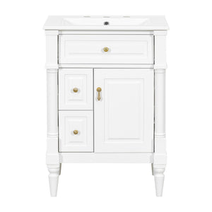English Elm 24 Inch Freestanding Vanity with Ceramic Sink Rubberwood Frame Matte Finish Storage White N725P356058K