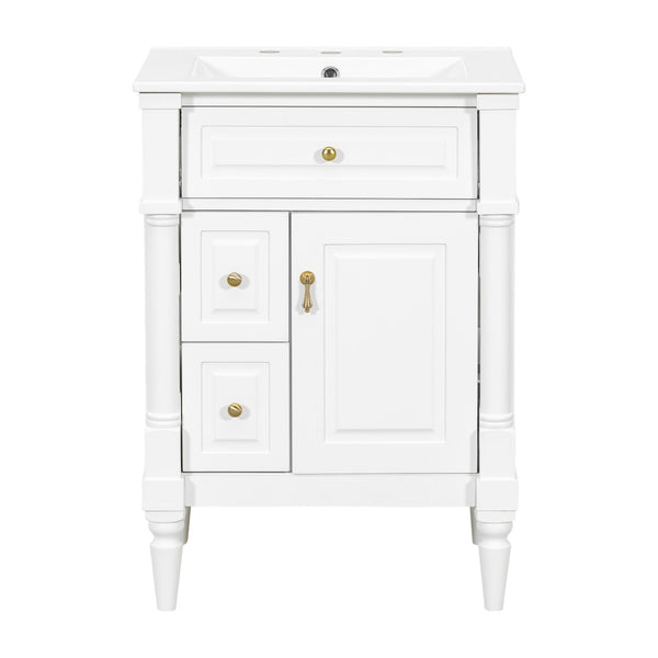 English Elm 24 Inch Freestanding Vanity with Ceramic Sink Rubberwood Frame Matte Finish Storage White N725P356058K
