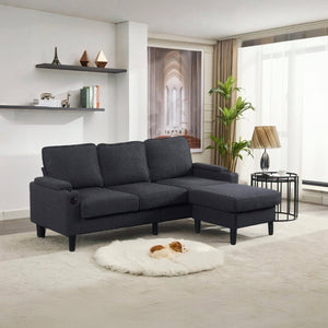 English Elm dark grey upgraded 3-seat combo sofa with storage ottoman, armrest pockets, USB ports, compact L-shape bench W2603P169692