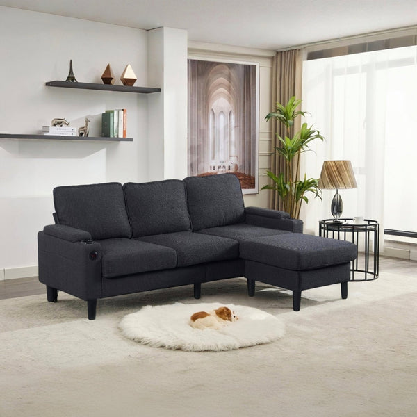 English Elm dark grey upgraded 3-seat combo sofa with storage ottoman, armrest pockets, USB ports, compact L-shape bench W2603P169692