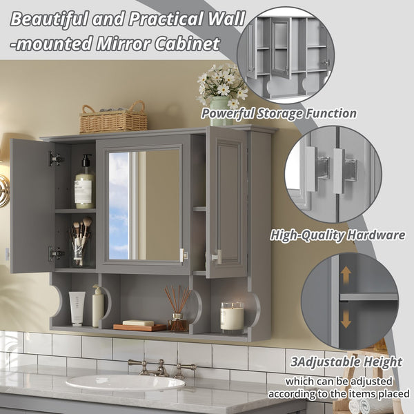 English Elm 35'' Modern Wall-Mounted Medicine Cabinet with Mirror, Hidden Storage and Open Shelves for Bath Gray N710P209443E