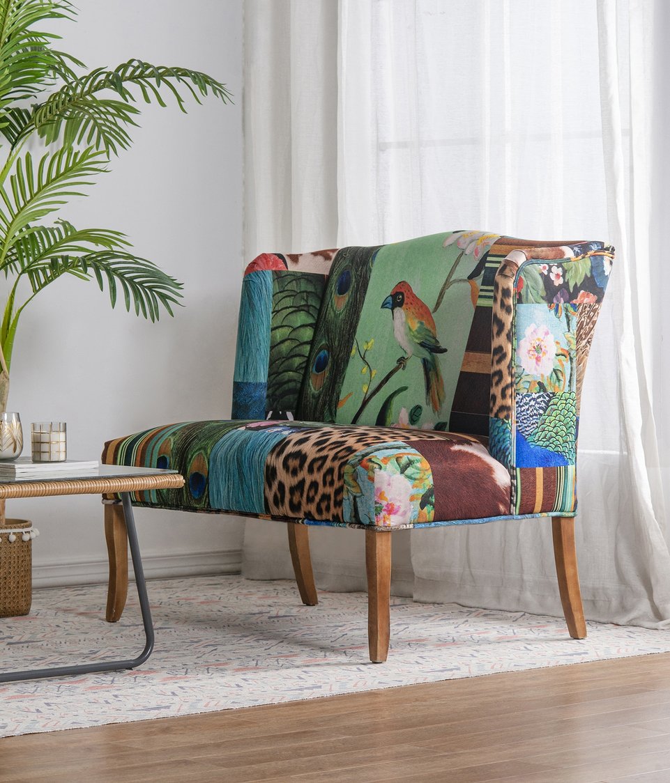 English Elm 44x25x38" Vesta Bird Collage Print Settee — Vibrant Upholstery, Exotic Fabric Mix, Statement Piece for Entryway or Bedroom W2078P370689