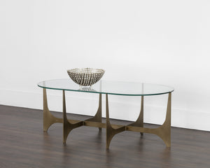 Sunpan Juliane Coffee Table - Contemporary Sculpted Base with 10mm Tempered Glass & Antique Brass Finish