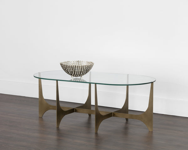 Sunpan Juliane Coffee Table - Contemporary Sculpted Base with 10mm Tempered Glass & Antique Brass Finish