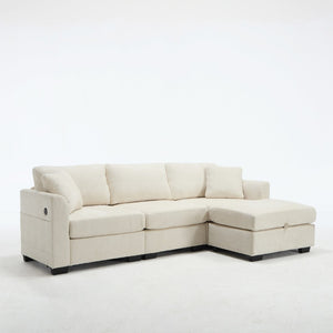English Elm Modern Chenille L-shaped Sectional with Usb Charging Ottoman Storage Living Room Couch Beige W2120S00016