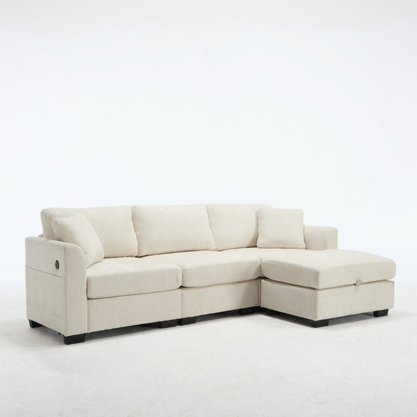 English Elm Modern Chenille L-shaped Sectional with Usb Charging Ottoman Storage Living Room Couch Beige W2120S00016