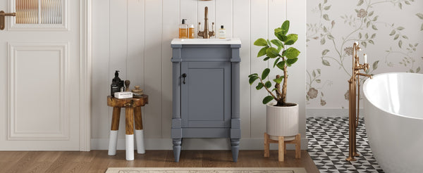 English Elm 18-Inch Modern Bathroom Vanity with Sink Compact Retro Design Durable MDF & Solid Wood Legs Storage-Friendly Gray N710P257401E