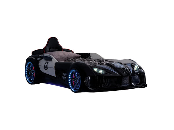 English Elm Modern Police Car Bed Twin Size With Led Lights, Magnetic Doors & Upholstered Headboard For Kids B2741S00497