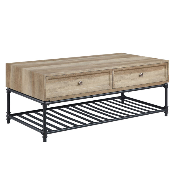 English Elm Oak Industrial Coffee Table with Bottom Shelf, Oak & Sandy Black Finish, Modern Storage and Sturdy Support (47" x 24") B062P209062