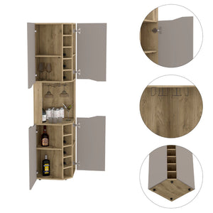 English Elm Obregon Corner Bar Cabinet with Ten Slot Wine Rack and Stemware Storage in Warm Neutral B200S00391