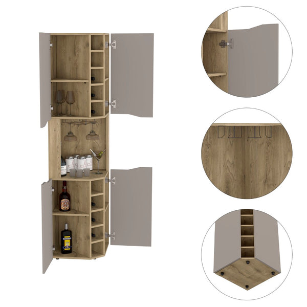 English Elm Obregon Corner Bar Cabinet with Ten Slot Wine Rack and Stemware Storage in Warm Neutral B200S00391