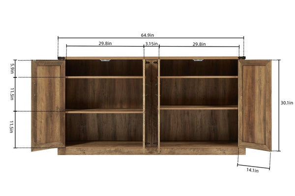 English Elm 65-Inch Slate Gray 3D Faux Rattan Sideboard with Barn-Style Doors, Magnetic Closure & Adjustable Shelves Oak W2702P184359
