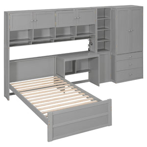 English Elm Wooden Twin Loft Bed with Built-in Desk Wardrobe Storage Drawers and Led Lighting N820S00069E