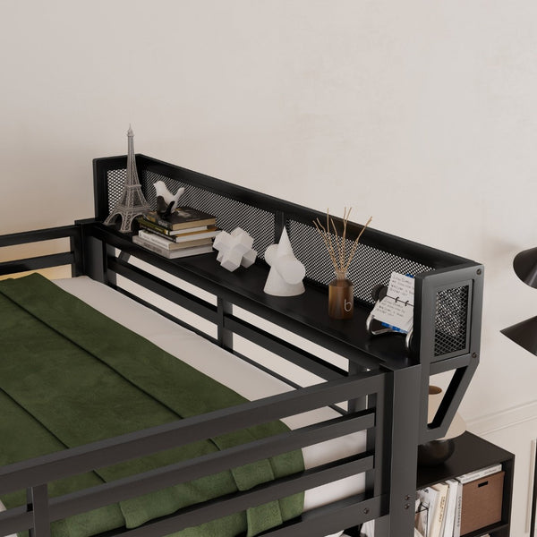 English Elm Full Size Metal Loft Bed with Foldable Desk Staircase Storage and Led Lighting W2580S00072