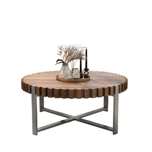 English Elm 31.4-inch Modern Circular Coffee Table with Natural Wood Grain Finish, Handmade Drum Design, Sturdy Base W1727P251174