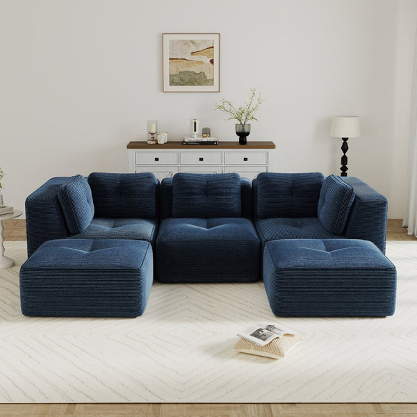 English Elm Modern Corduroy Sectional Sofa with Tufted Cushions Dual Ottomans and Deep Seating Blue W714S01803