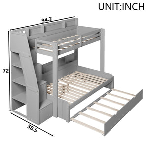 English Elm Twin Over Full Bunk Bed with Stair Drawers Shelves Led Lighting and Usb Port Grey N7090005013E