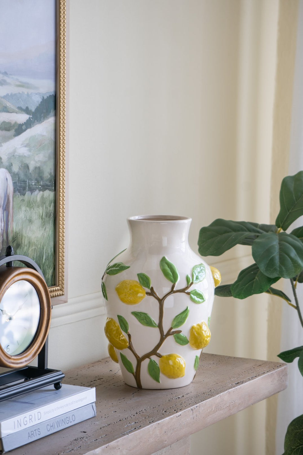 English Elm 9x9x12.5" Ceramic Vase with Hand-Painted Lemon Motif — Bright White Décor Accent for Kitchen, Living Room W2078P390440