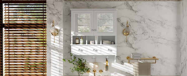 English Elm 4-in-1 Wall Mounted Bathroom Cabinet with Mirror Drawers and Towel Hooks Vanity White N710P405416K