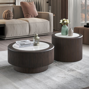 English Elm Modern Faux Marble Pattern Coffee Table Set - 2-Piece Round Tables, Dark Brown Mdf For Living Spaces W2582S00160