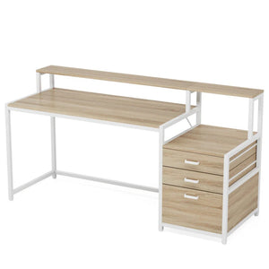 English Elm Sturdy Two-tier Computer Desk with File Cabinet and Monitor Riser for Home Office Natural,White T3971P450935