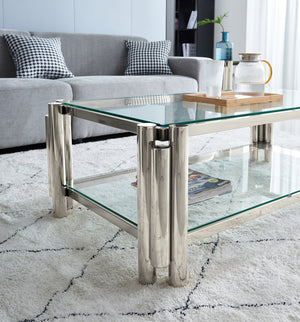 English Elm 50" Modern Stainless Steel Coffee Table with Double Tempered Glass Shelves, Industrial Chic Storage, Silver W2978S00007