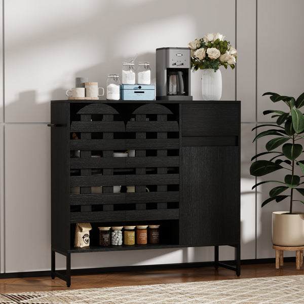 English Elm Buffet Black Woven Arched Door Sideboard with Adjustable Shelves, Metal Legs, Drawer, Entryway-Friendly W2977P338264