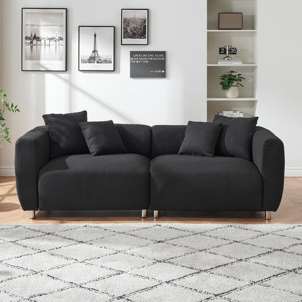 English Elm 89 Inch Sofa - Modern 3-Seater Couch With Teddy Velvet Upholstery, Metal Legs & 4 Washable Pillows W1658S00150