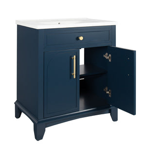English Elm 27.8" Mid-century Freestanding Bathroom Vanity with Ceramic Sink Drawer and Wood Base Blue W1801S00005