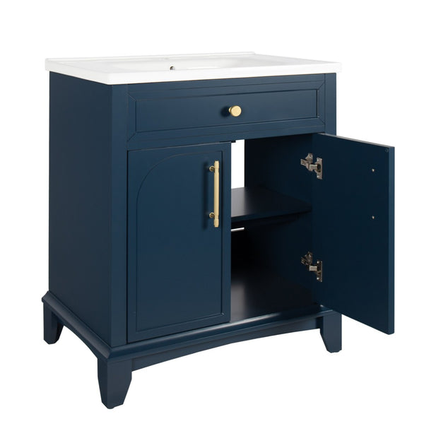 English Elm 27.8" Mid-century Freestanding Bathroom Vanity with Ceramic Sink Drawer and Wood Base Blue W1801S00005