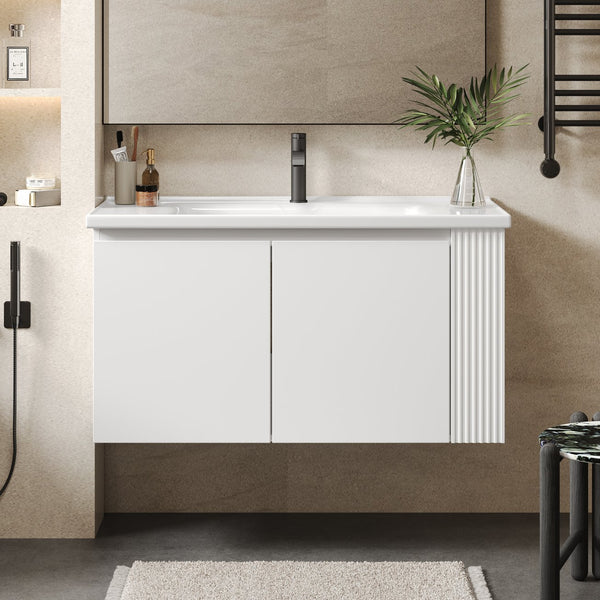 English Elm Christopher Knight Home® - 36" Modern Wall-Mounted Bathroom Vanity with Ceramic Sink, Soft-Close Doors, Fluted Accent & Open Shelves White N817P245322W