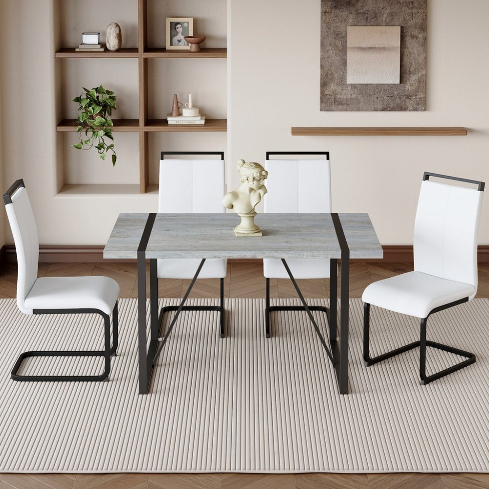 English Elm Table And Chair Set - Modern Grey Marble Mdf Dining Table With Metal Frame & 4 White Pu Chairs W1151S02685-GIGA