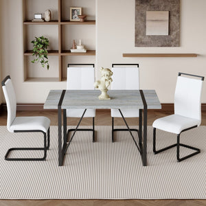 English Elm Table And Chair Set - Modern Grey Marble Mdf Dining Table With Metal Frame & 4 White Pu Chairs W1151S02685-GIGA