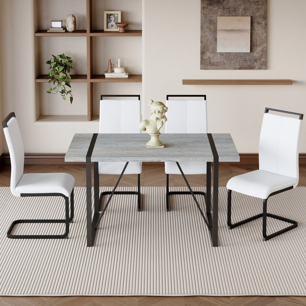 English Elm Table And Chair Set - Modern Grey Marble Mdf Dining Table With Metal Frame & 4 White Pu Chairs W1151S02685-GIGA