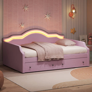 English Elm Full Size Upholstered Daybed With Led Lighting & 2 Storage Drawers, Stylish Pink Velvet Design N7500001852H
