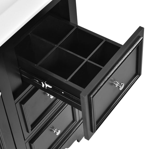 English Elm 30-inch bathroom vanity mirror cabinet set with ceramic sink, solid wood build, 3 drawers & shelves Black SV000028AAB