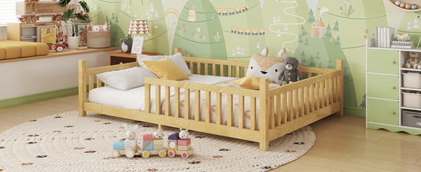 English Elm Twin Montessori Floor Bed House Frame with Led Lighting and Safety Rails for Kids Natural W2593P440591
