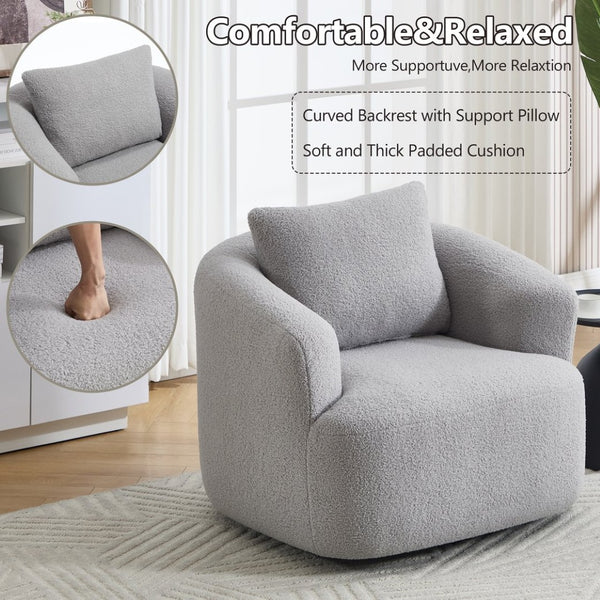 English Elm 360° Swivel Barrel Chair Teddy Fleece Upholstery with Pillow for Bedroom Reading Nook Light Gray W1803P363036
