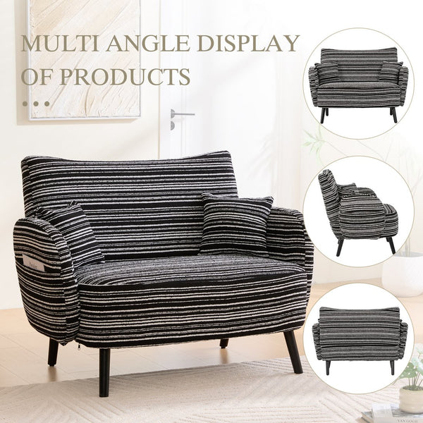 English Elm Modern tufted two-seater sofa with boucle upholstery, tapered legs, storage pockets, cozy compact design Black W395P376591
