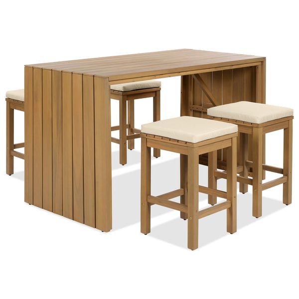 English Elm 5 Piece Outdoor Bar Set Acacia Wood Table & 4 Cushioned Stools, Removable Beige Cushions, Durable N704G201252A