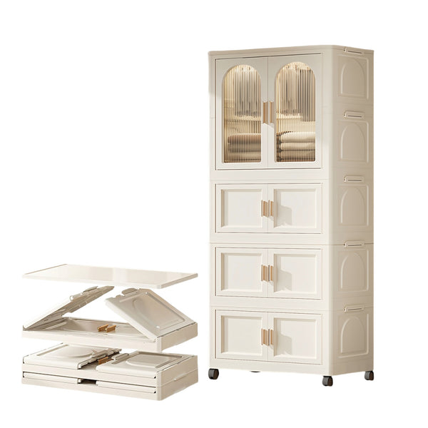 English Elm 25.59" Cream White Folding Wardrobe with Wheels, Magnetic Door, Durable PP, 1 Closet + 3 Boxes +10 Hangers W2873P239389