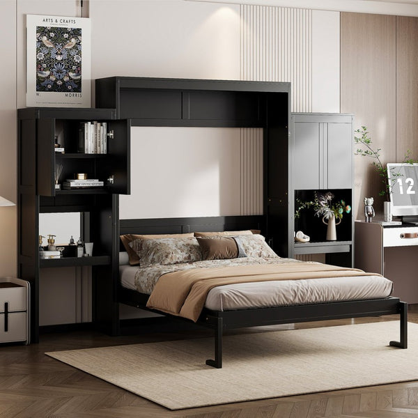 English Elm Queen Size Murphy Bed With Integrated Desk, Flip-Up Vanity & Storage Cabinets In Espresso Finish N820S10057P-GIGA