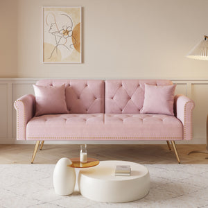 English Elm A Velvet 69.7" Sofa Bed with Gold Legs, Nailhead Trim, 2-Seater Convertible Sofa with Pillow Pink W3356P298450