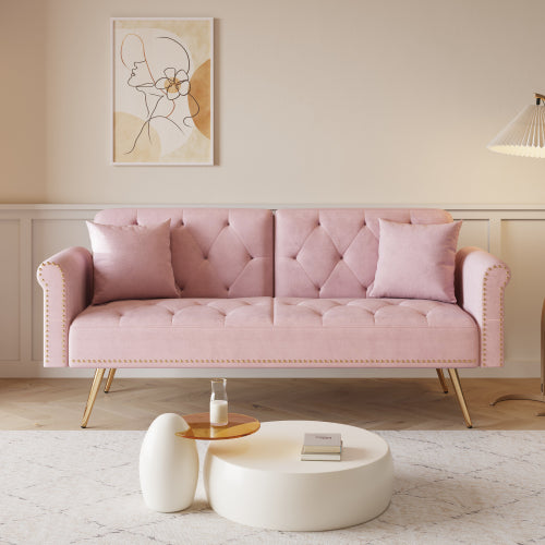 English Elm A Velvet 69.7" Sofa Bed with Gold Legs, Nailhead Trim, 2-Seater Convertible Sofa with Pillow Pink W3356P298450