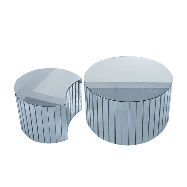 English Elm Luxury mirrored coffee table, silver round MDF & beveled glass top, modern luxe accent for living room W3836P361743