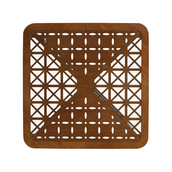 English Elm Modern Square Glass Top Coffee Table with Geometric Pattern and Black Metal Frame N770P197539B